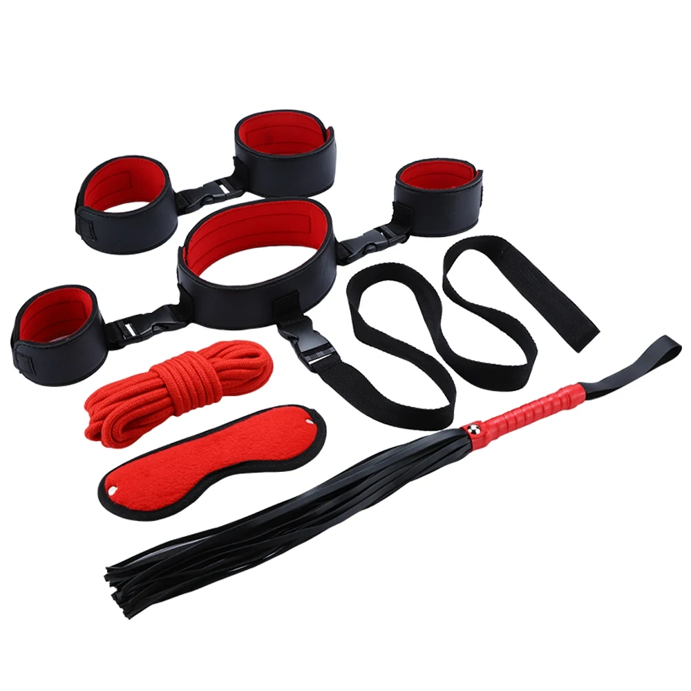 6-Piece Double Color Nylon Bondage Harness Set Wrist to Neck Gear with Leather Adult Sex Toys Kits