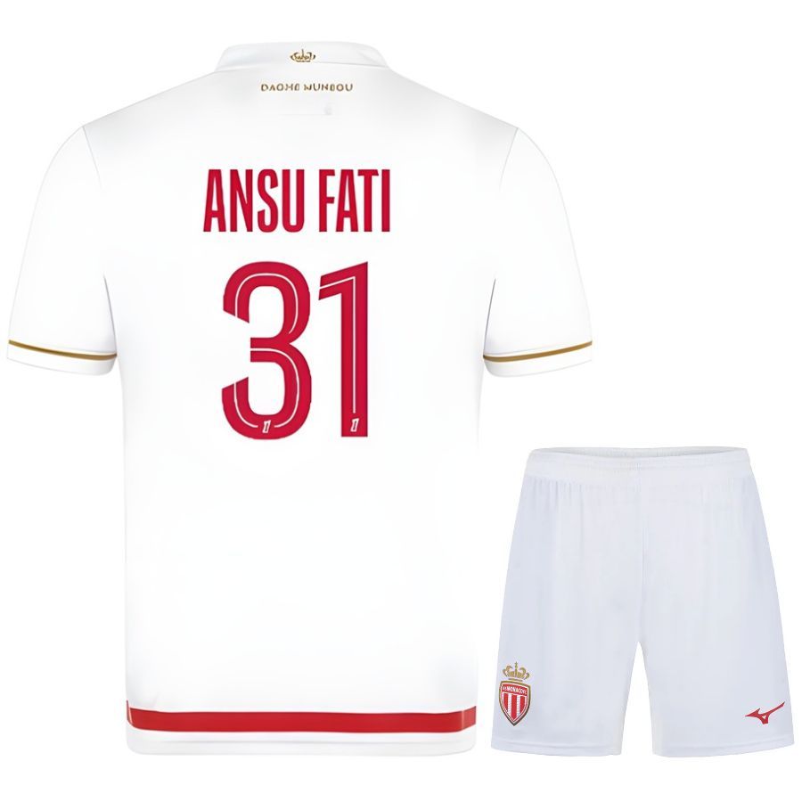 AS Monaco Home 2025 2026 Ansu Fati Kids Kit Jersey