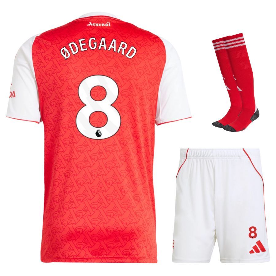 Arsenal 2025 2026 Home Kids Kit Jersey Odegaard