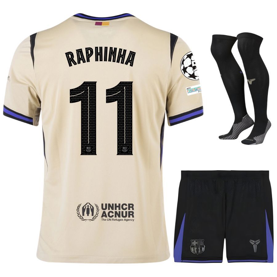 Barca Away Kids Kit Jersey 2025 2026 Raphinha UCL