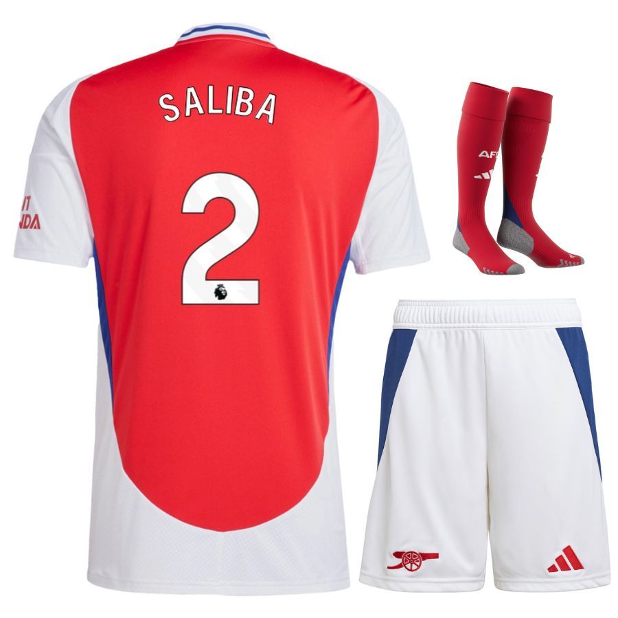 Arsenal 2024 2025 Home Kids Kit Jersey Saliba