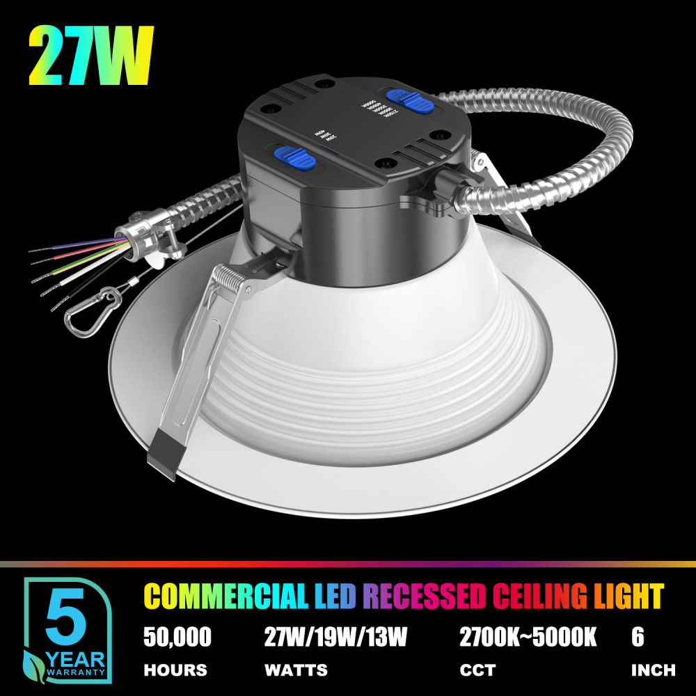 6 Inch LED Recessed Ceiling Light Dimmable 2700K-5000K 5CCT 3Watt 27W 120V High Brightness Canless Wafer Downlight
