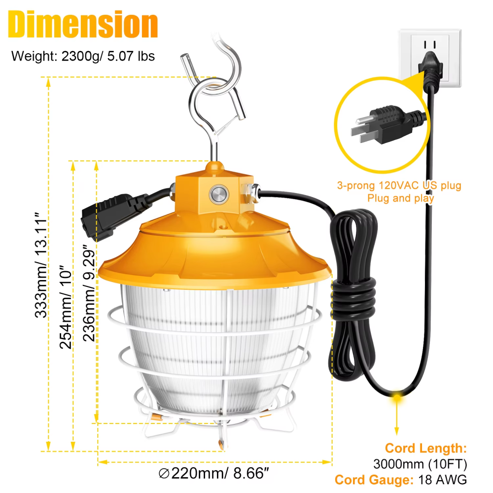 LED Construction Lights IP65 Flood Lights 100W 4.5/5/5.7K Daylight Portable Task Work Lights for Workshop Construction Job Site