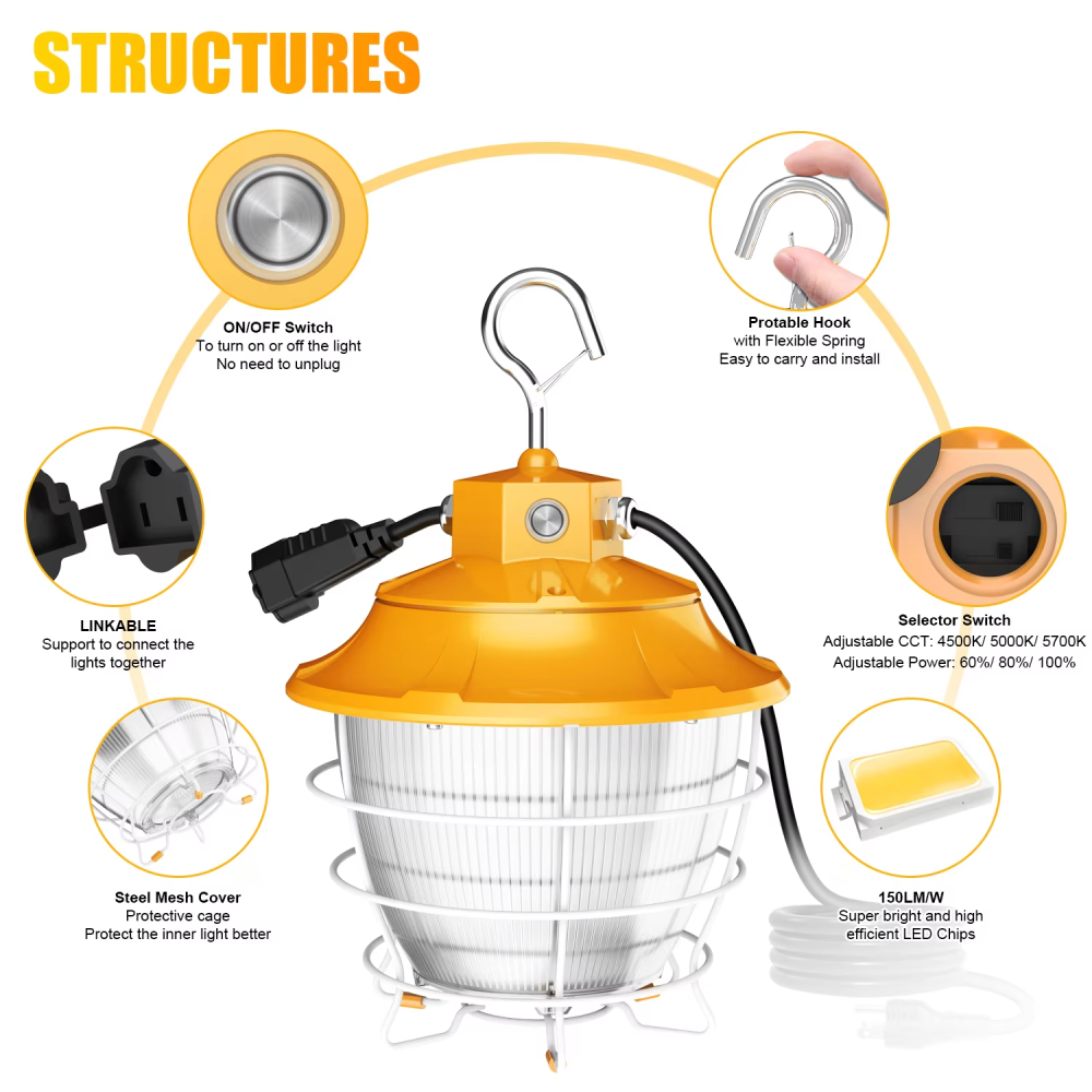 LED Construction Lights IP65 Flood Lights 100W 4.5/5/5.7K Daylight Portable Task Work Lights for Workshop Construction Job Site
