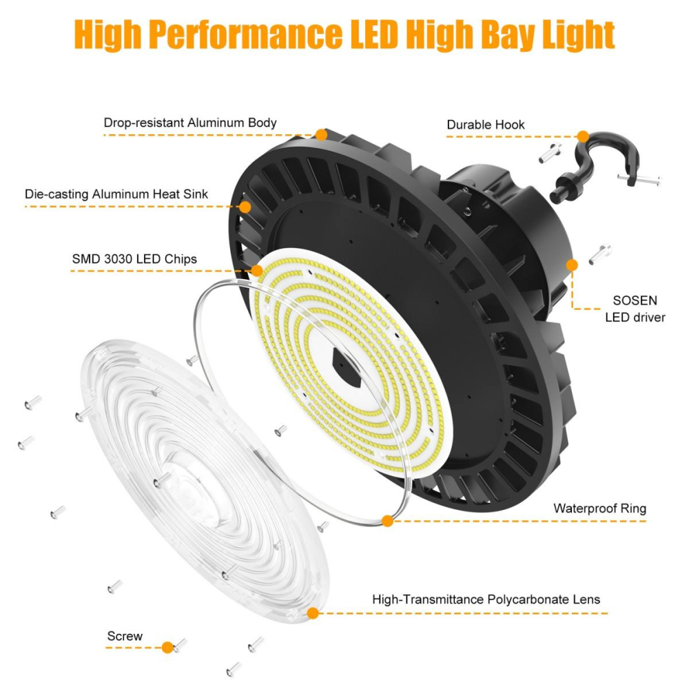 High Bay Lights US Stock 0-10V Dim 5000K 200W IP65 Industrial Warehouse UFO Led Highbay Light with Microwave DLC ETL CE