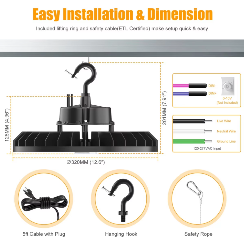 High Bay Lights US Stock 0-10V Dim 5000K 200W IP65 Industrial Warehouse UFO Led Highbay Light with Microwave DLC ETL CE