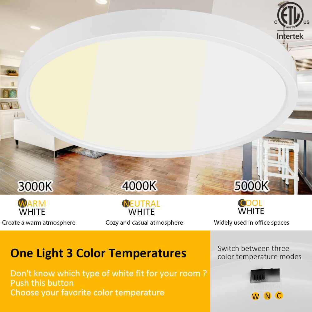 US CA 3000K-6000K 3000LM LED Flush Mount Panel Light 12 Inch 3CCT Tunable 24W Modern P44 Ceiling Light for Living Home Office