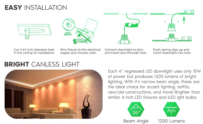 10pack Modern 4 Inch 12W 3CCT Selectable LED Recessed Downlights Anti Glare Hotel Lighting IP44 Rated