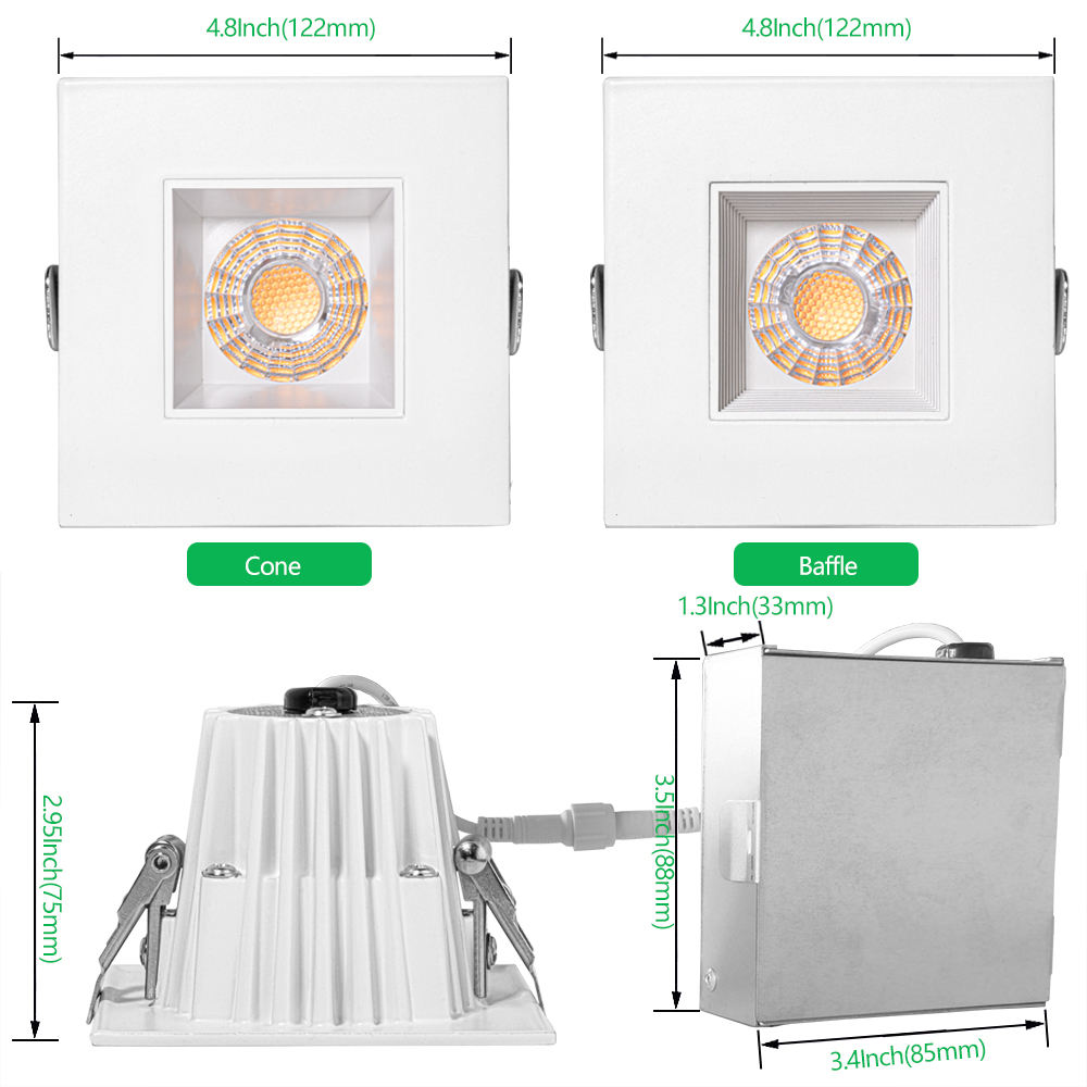 10pack Anti-Glare Downlight 4inch 15W Dimmable Ceiling COB LED Square Baffle Downlight 3CCT Selecatable Downlight CRI 90+