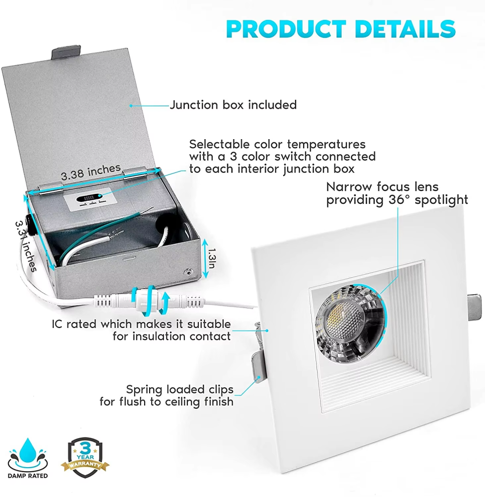 10pack Anti-Glare Downlight 4inch 15W Dimmable Ceiling COB LED Square Baffle Downlight 3CCT Selecatable Downlight CRI 90+