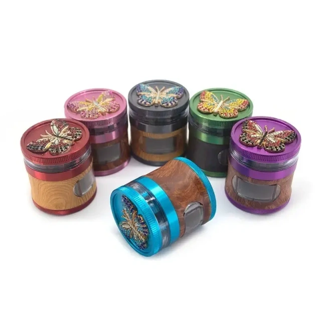 Wholesale Diamond Butterfly Design 63mm-4parts Aluminum Alloy Wooden Herb Grinder with Drawer