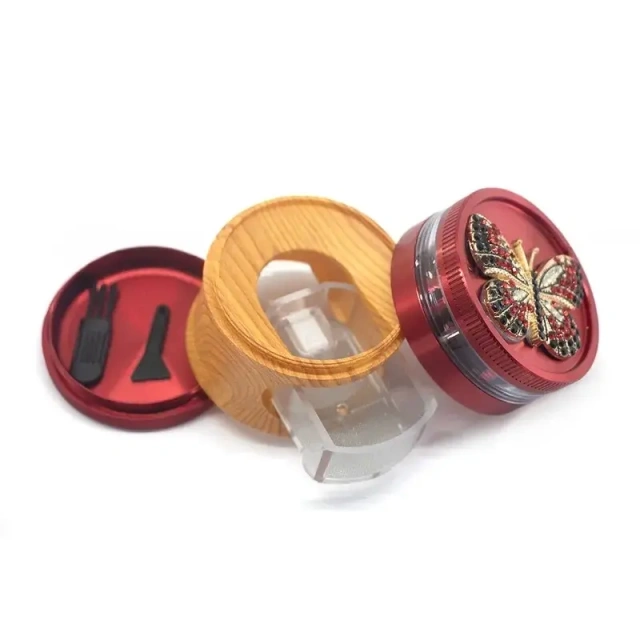 Wholesale Diamond Butterfly Design 63mm-4parts Aluminum Alloy Wooden Herb Grinder with Drawer