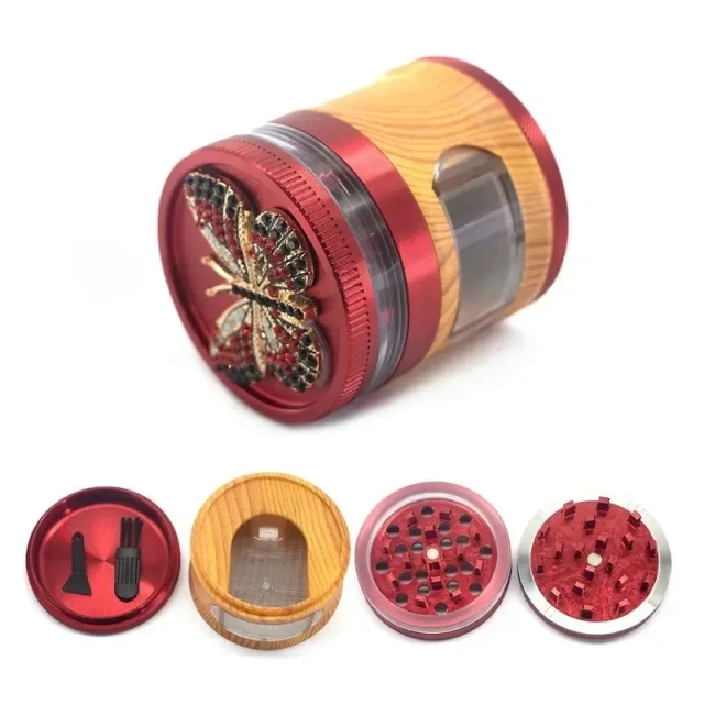 Wholesale Diamond Butterfly Design 63mm-4parts Aluminum Alloy Wooden Herb Grinder with Drawer