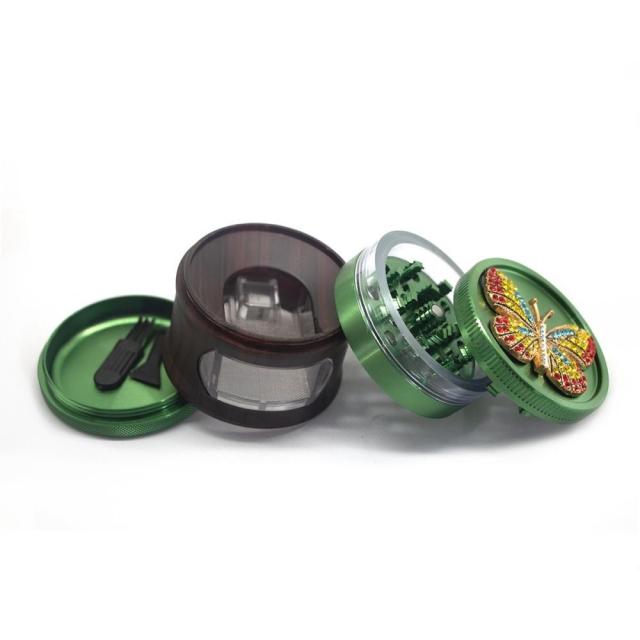 Wholesale Diamond Butterfly Design 63mm-4parts Aluminum Alloy Wooden Herb Grinder with Drawer