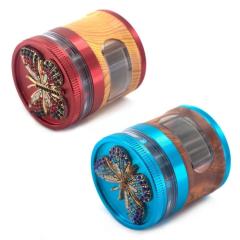 Wholesale Diamond Butterfly Design 63mm-4parts Aluminum Alloy Wooden Herb Grinder with Drawer