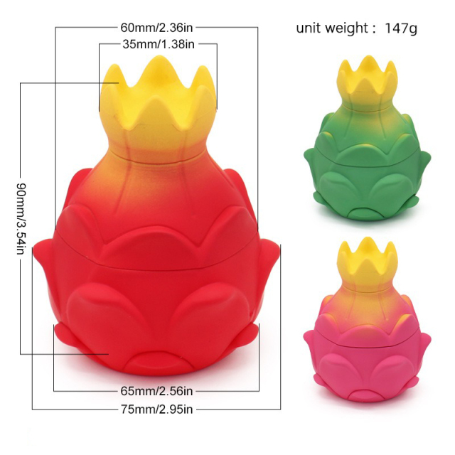 Honghui Smoking Wholesale 75mm-4parts Dragon Fruit Shaped Design Zinc Alloy Weed Grinder