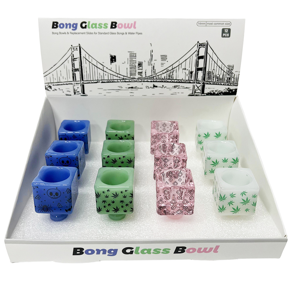 Wholesale Bong Bowls 14mm Colorful Cube Shaped Glass Bowl Slide with Display Box