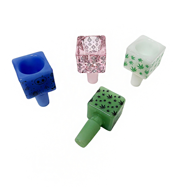 Wholesale Bong Bowls 14mm Colorful Cube Shaped Glass Bowl Slide with Display Box