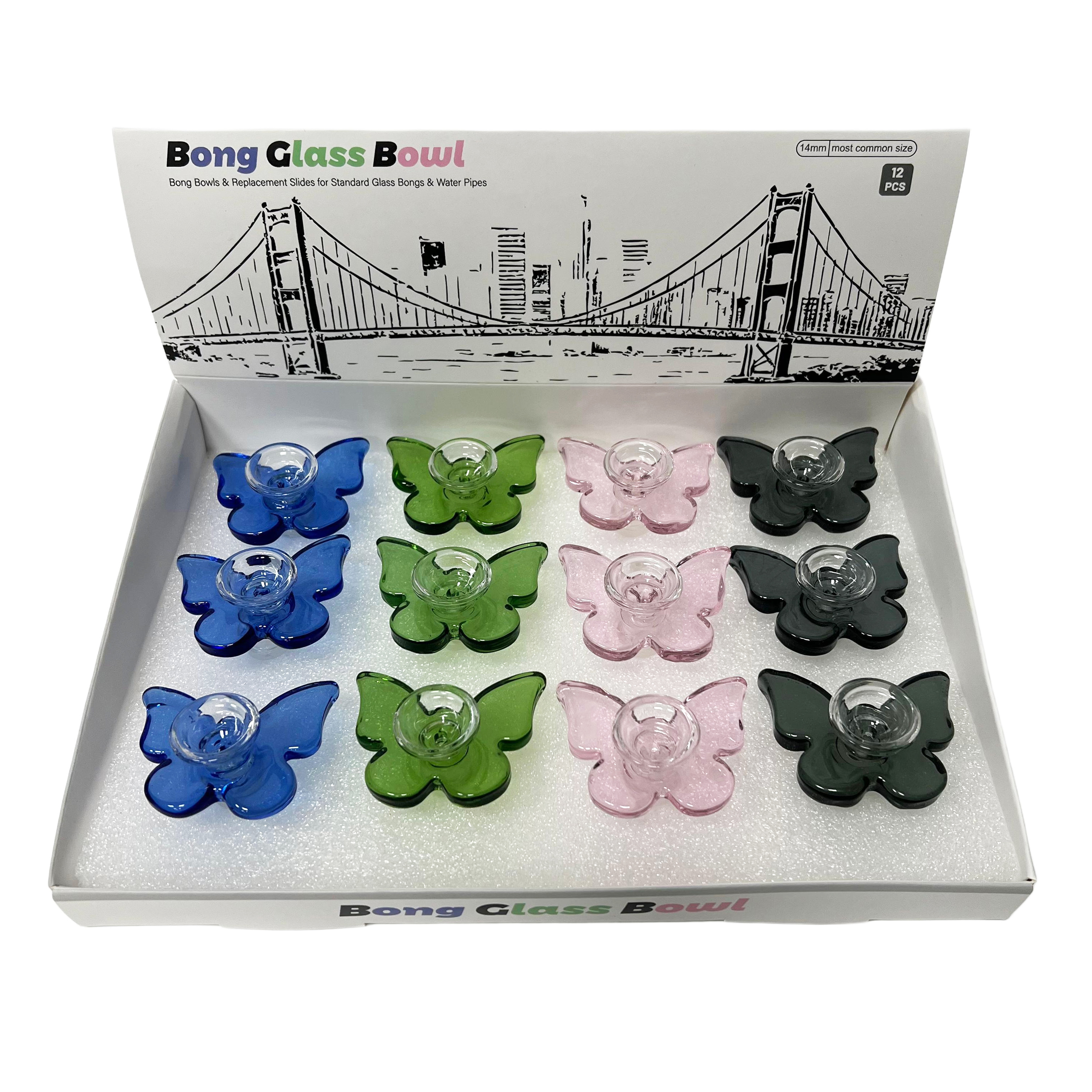 Wholesale Factory Directly Bong Bowls 14mm Mix Color Butterfly Shaped Glass Bowl Slide with Display Box