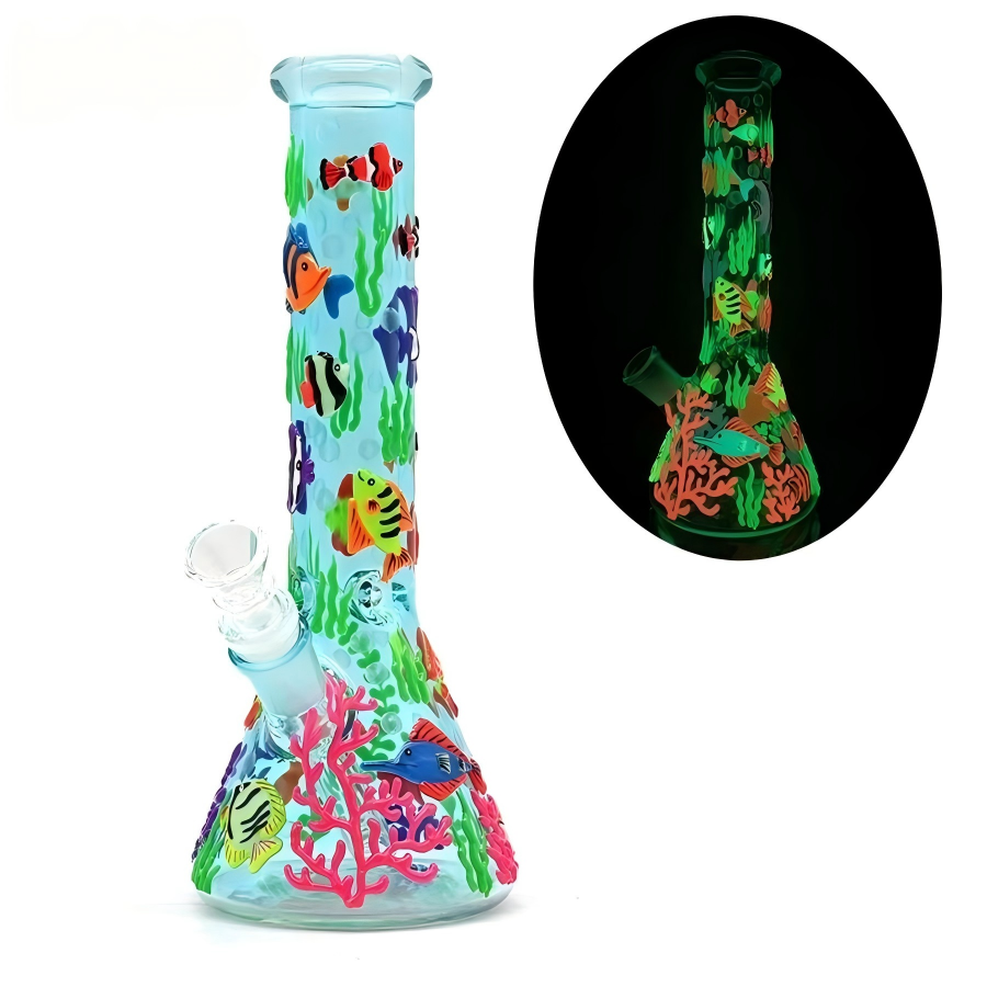 Wholesale Glow-in-the-dark Ocean Cute Fish Design Luminous Waterpipe Glass Bong Beaker Bong