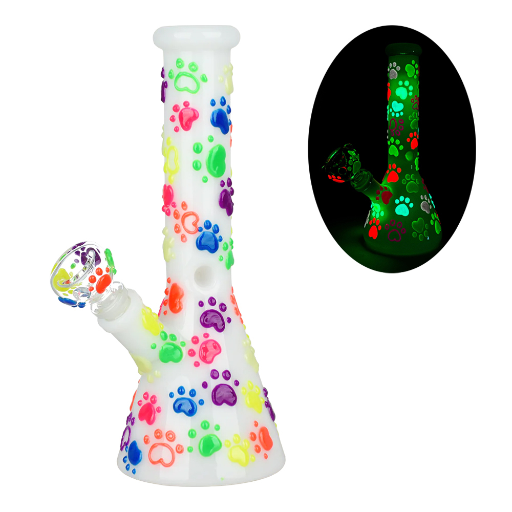 Glow-in-The-Dark White Glass Beaker Pipe with 3D Colorful Paw Prints