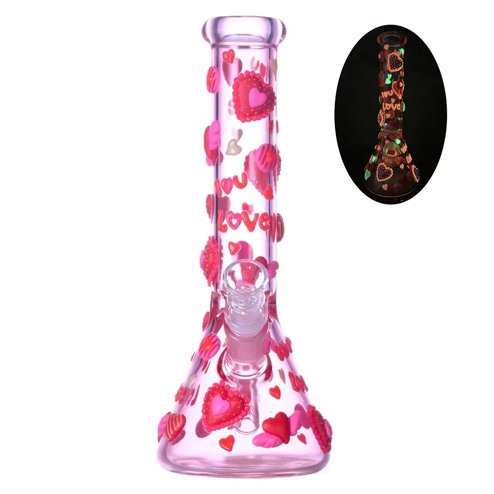 Glow-in-The-Dark Pink Glass Beaker Pipe with 3D Hearts and Love Decals