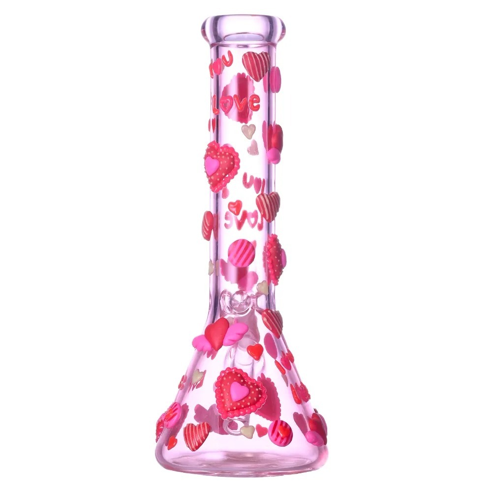 Glow-in-The-Dark Pink Glass Beaker Pipe with 3D Hearts and Love Decals