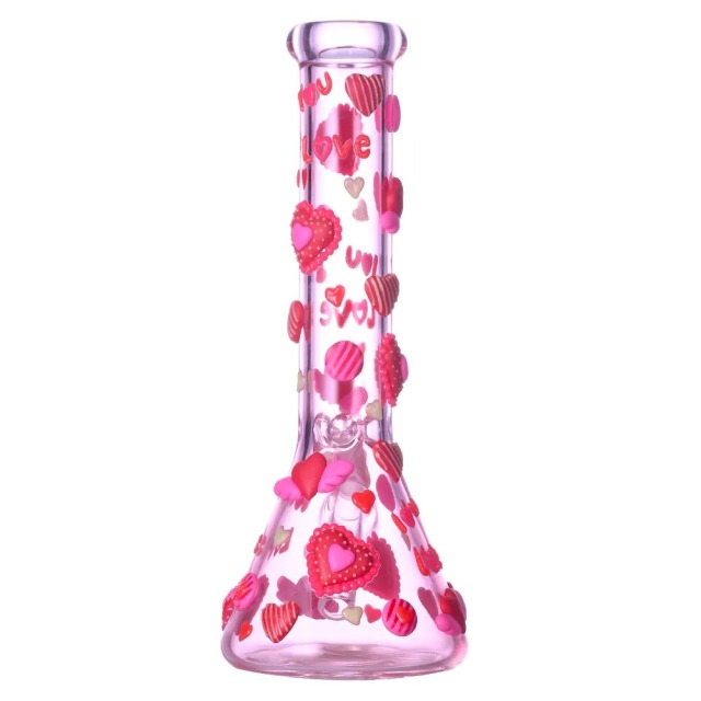 Glow-in-The-Dark Pink Glass Beaker Pipe with 3D Hearts and Love Decals