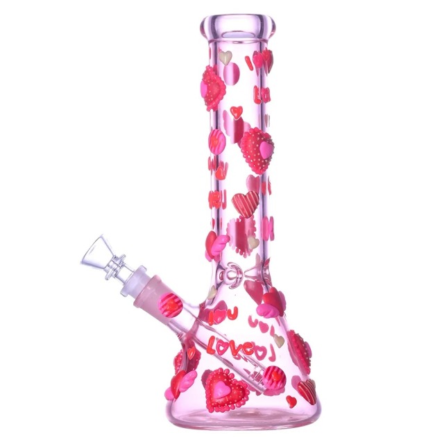 Glow-in-The-Dark Pink Glass Beaker Pipe with 3D Hearts and Love Decals