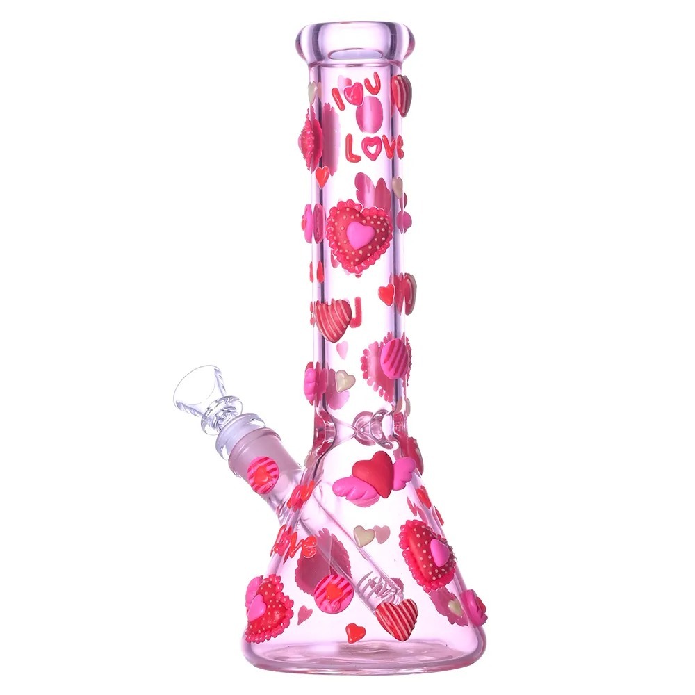 Glow-in-The-Dark Pink Glass Beaker Pipe with 3D Hearts and Love Decals