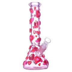 Glow-in-The-Dark Pink Glass Beaker Pipe with 3D Hearts and Love Decals