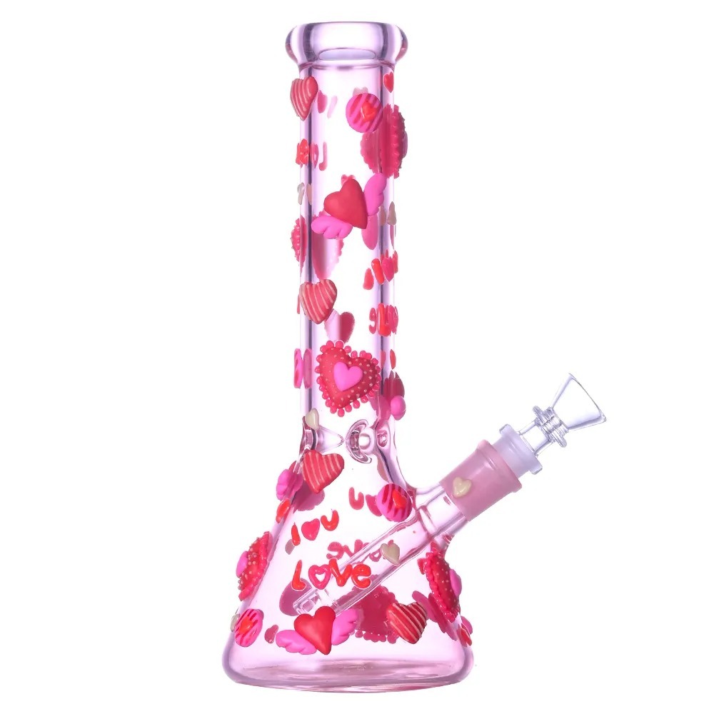 Glow-in-The-Dark Pink Glass Beaker Pipe with 3D Hearts and Love Decals