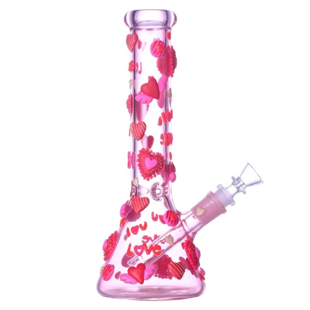 Glow-in-The-Dark Pink Glass Beaker Pipe with 3D Hearts and Love Decals