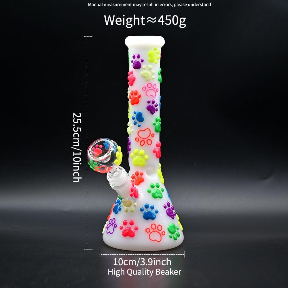 Glow-in-The-Dark White Glass Beaker Pipe with 3D Colorful Paw Prints