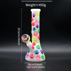 Glow-in-The-Dark White Glass Beaker Pipe with 3D Colorful Paw Prints