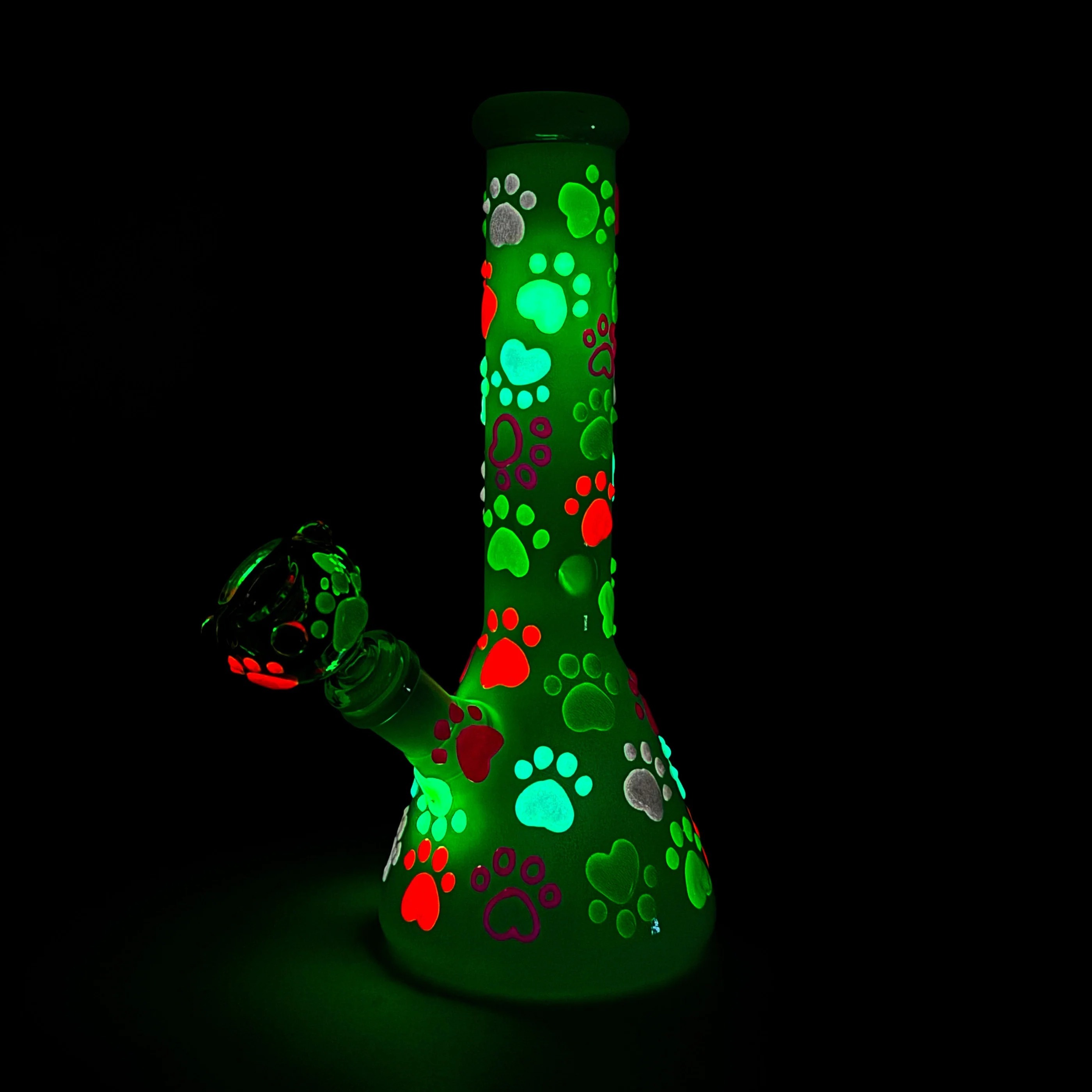Glow-in-The-Dark White Glass Beaker Pipe with 3D Colorful Paw Prints