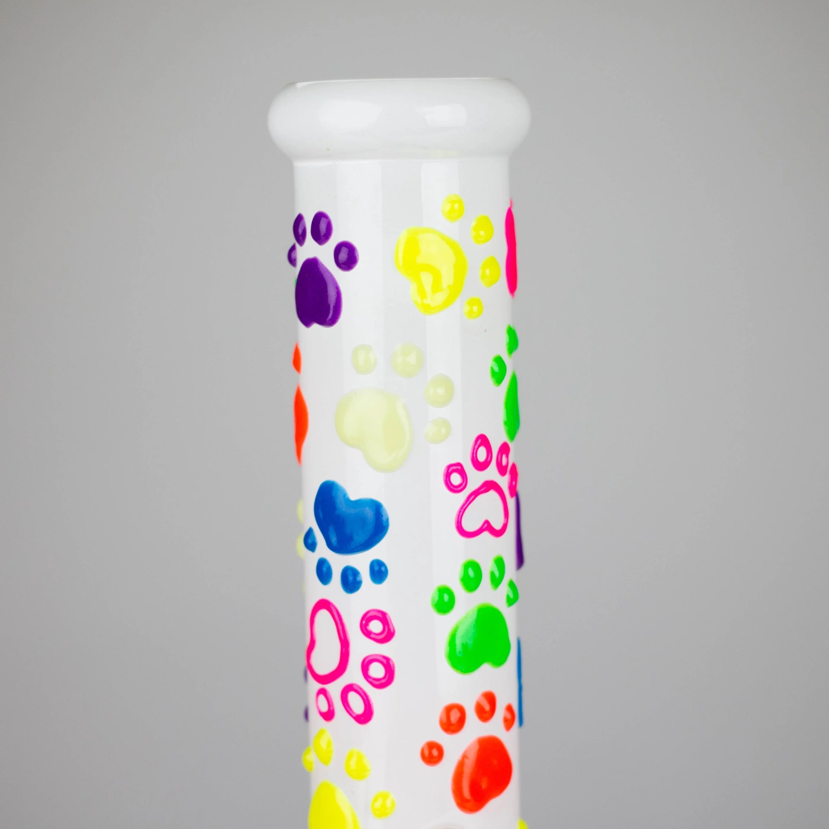 Glow-in-The-Dark White Glass Beaker Pipe with 3D Colorful Paw Prints
