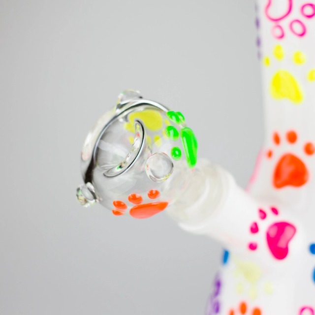 Glow-in-The-Dark White Glass Beaker Pipe with 3D Colorful Paw Prints