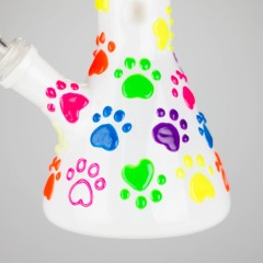 Glow-in-The-Dark White Glass Beaker Pipe with 3D Colorful Paw Prints