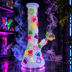 Glow-in-The-Dark White Glass Beaker Pipe with 3D Colorful Paw Prints