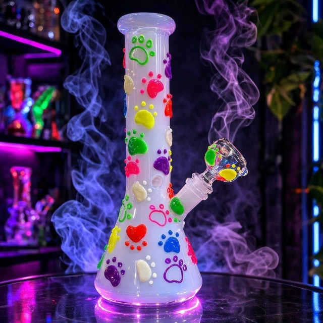 Glow-in-The-Dark White Glass Beaker Pipe with 3D Colorful Paw Prints