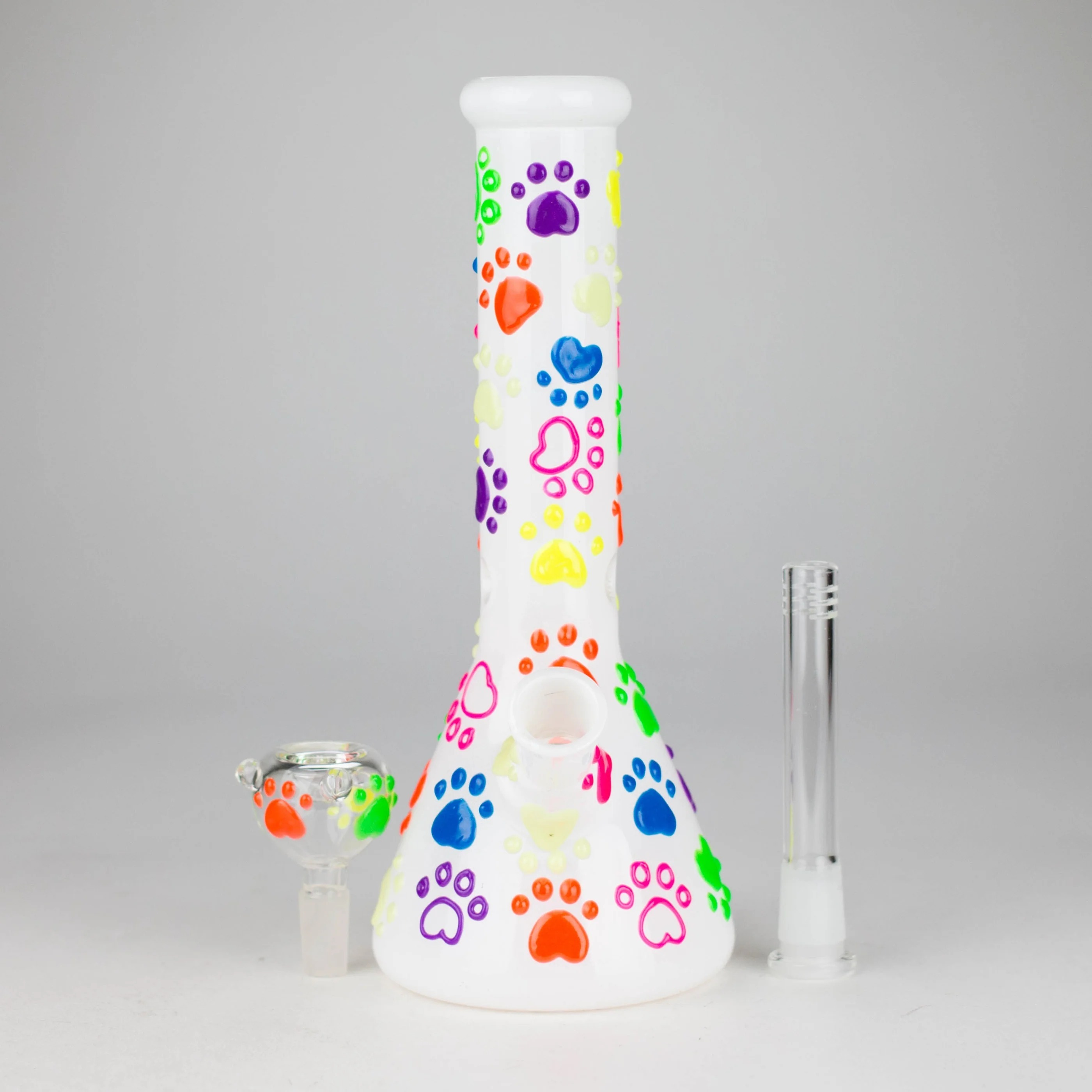 Glow-in-The-Dark White Glass Beaker Pipe with 3D Colorful Paw Prints
