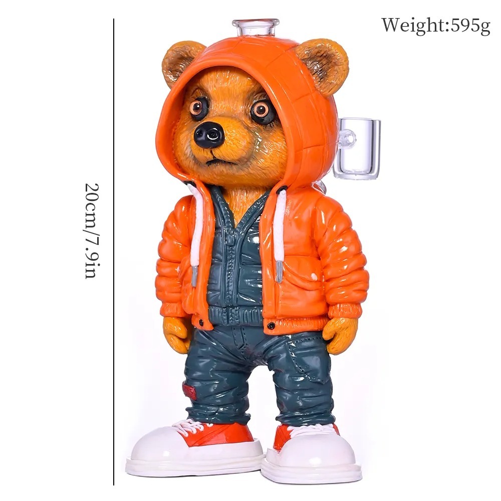 Streetwear Bear Figure Glass Water Pipe with Orange Hoodie and Sneakers