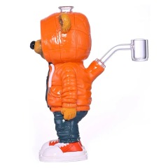Streetwear Bear Figure Glass Water Pipe with Orange Hoodie and Sneakers