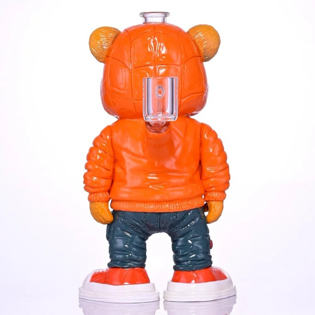 Streetwear Bear Figure Glass Water Pipe with Orange Hoodie and Sneakers