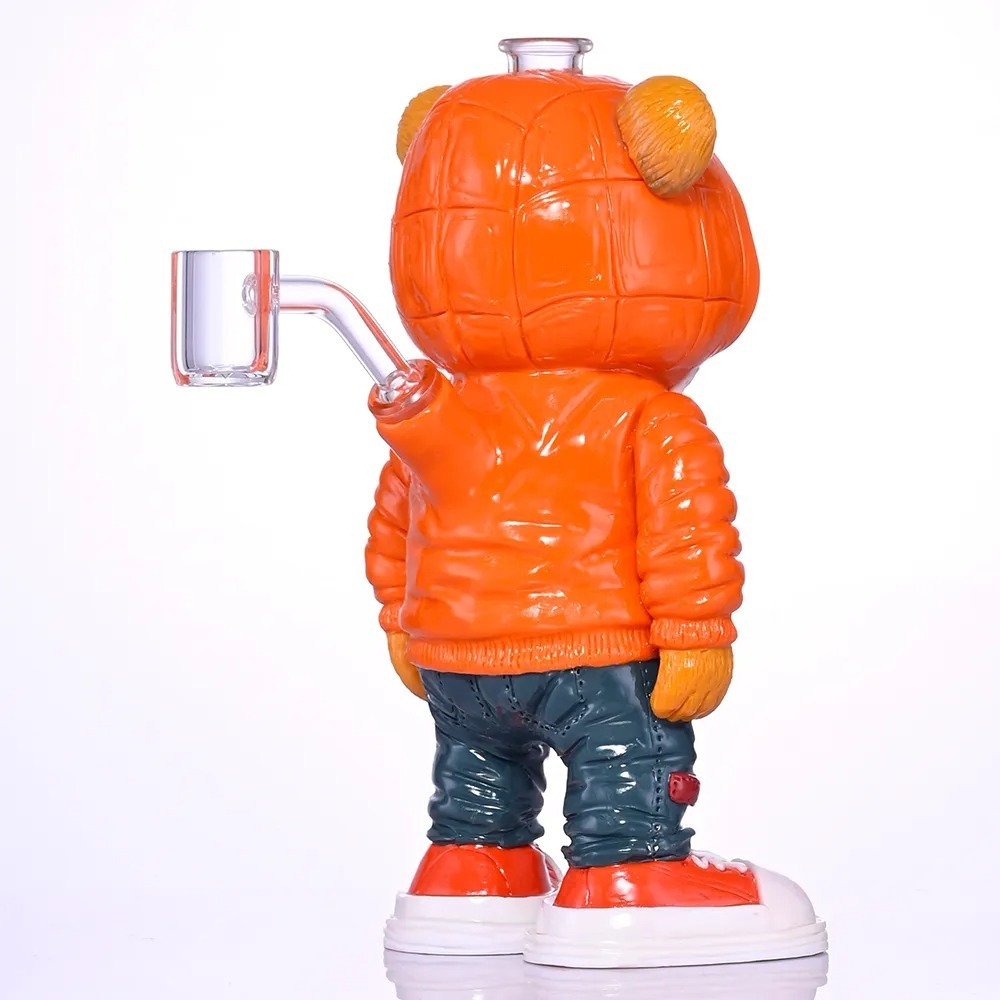 Streetwear Bear Figure Glass Water Pipe with Orange Hoodie and Sneakers
