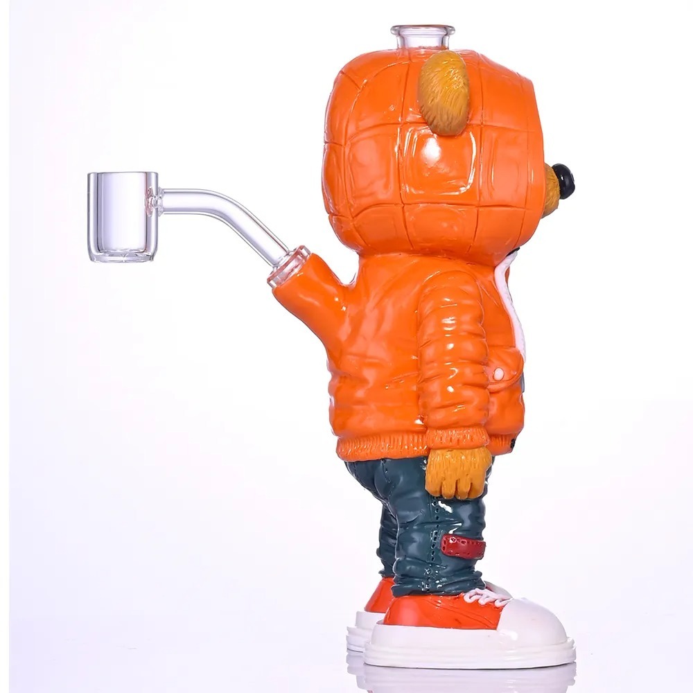 Streetwear Bear Figure Glass Water Pipe with Orange Hoodie and Sneakers