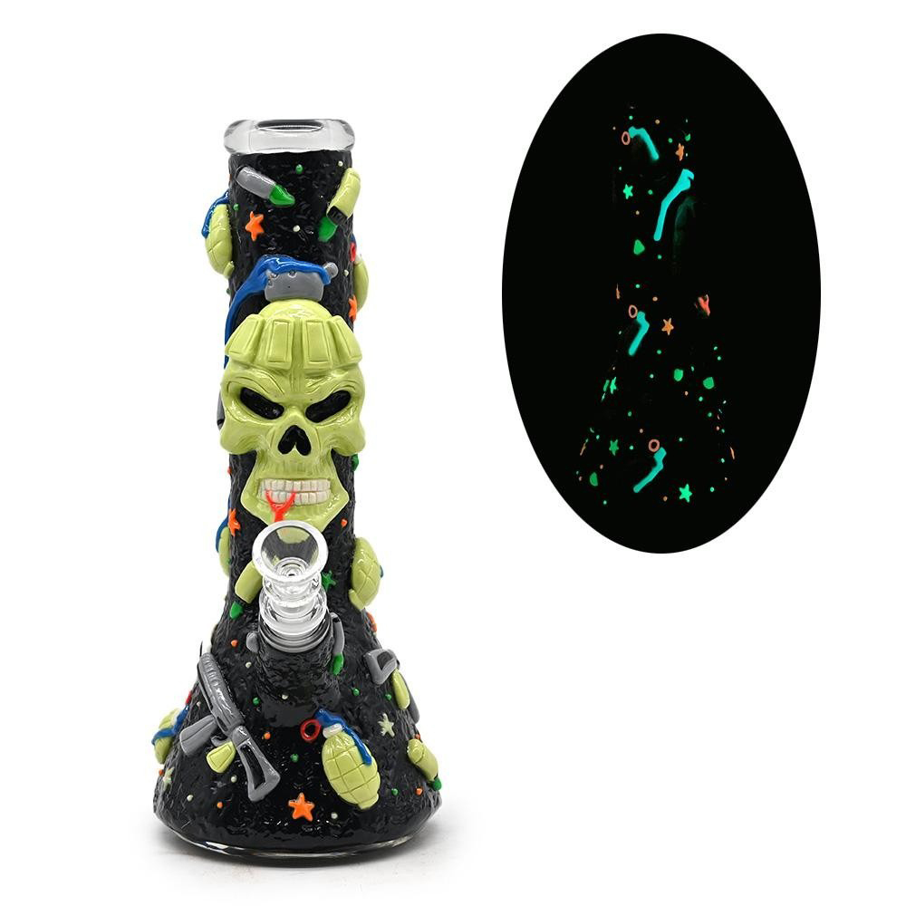 Military Skull Glass Water Pipe with Glow-in-the-Dark Stars and 3D Weapons