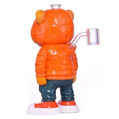 Streetwear Bear Figure Glass Water Pipe with Orange Hoodie and Sneakers