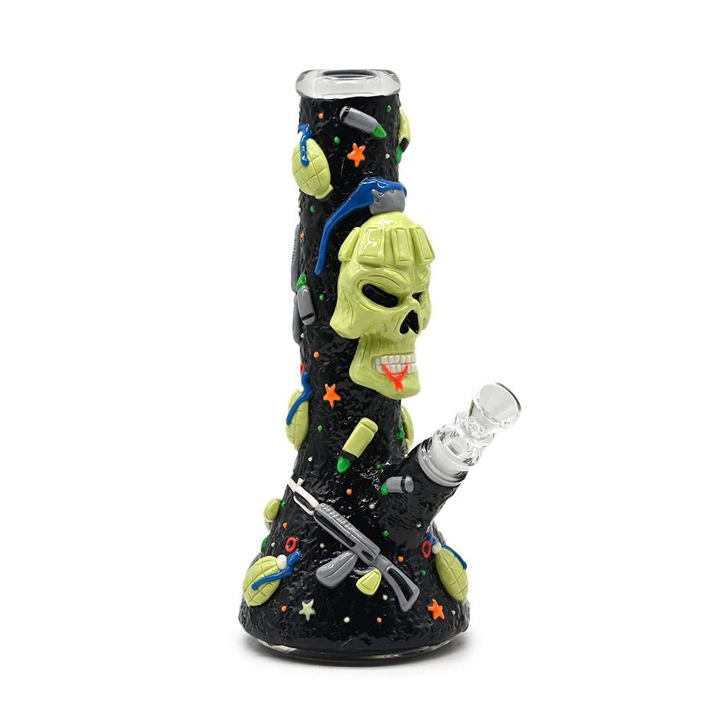 Military Skull Glass Water Pipe with Glow-in-the-Dark Stars and 3D Weapons